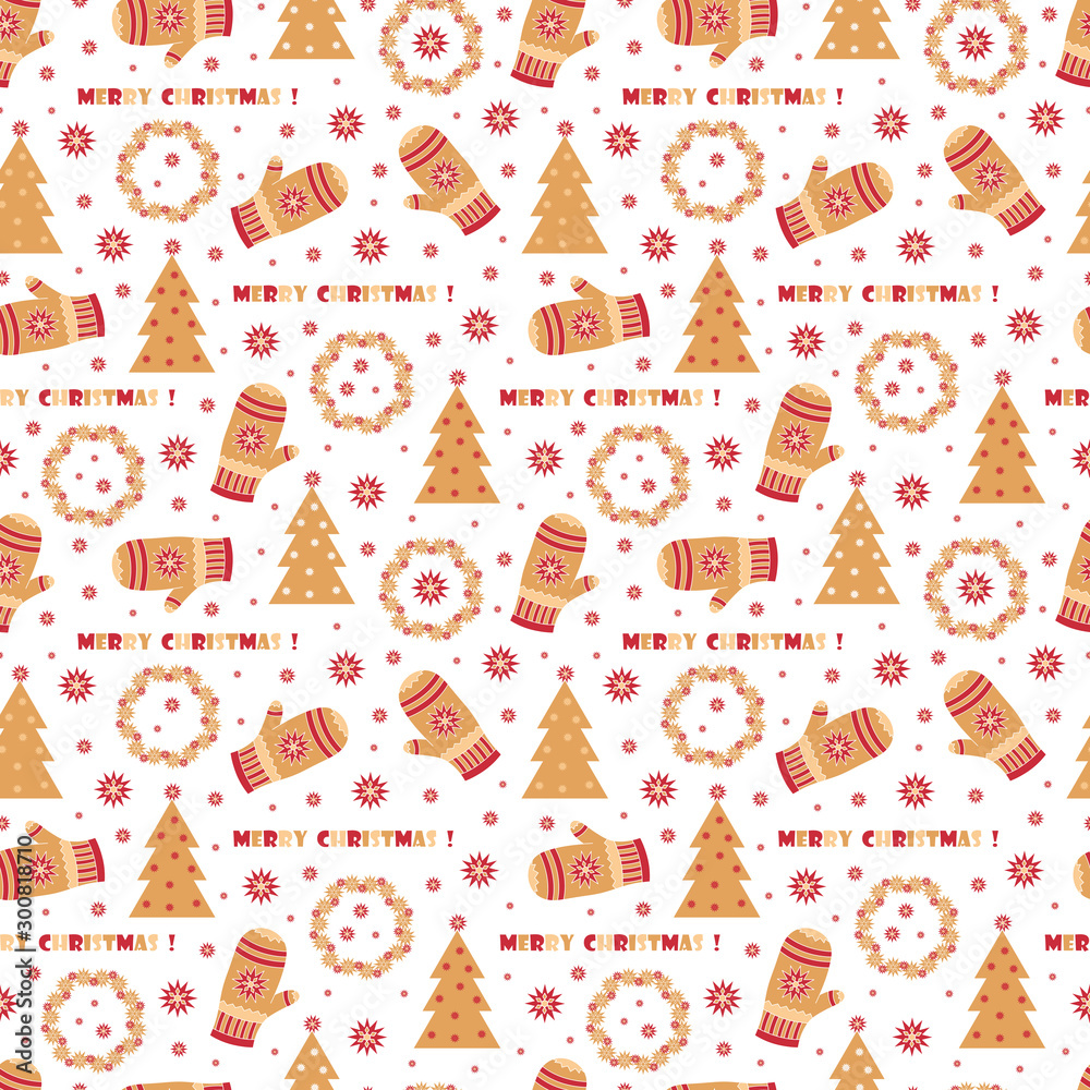 Merry Christmas. New Year. Celebratory seamless pattern. Xmas background with Mitten, Christmas wreath, Christmas tree, Snowflakes. Holiday background