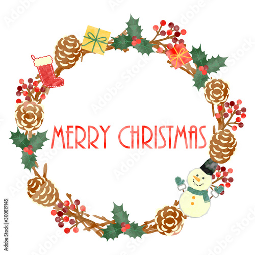 手描き水彩風　クリスマスリース　01