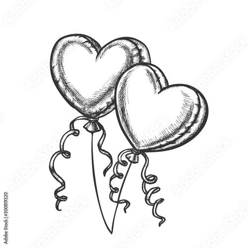 Balloons In Heart Form With Ribbon Retro Vector. Inflatable Air Flying Balloons. Christmas Celebration Party Decoration Engraving Concept Template Designed In Vintage Style Monochrome Illustration