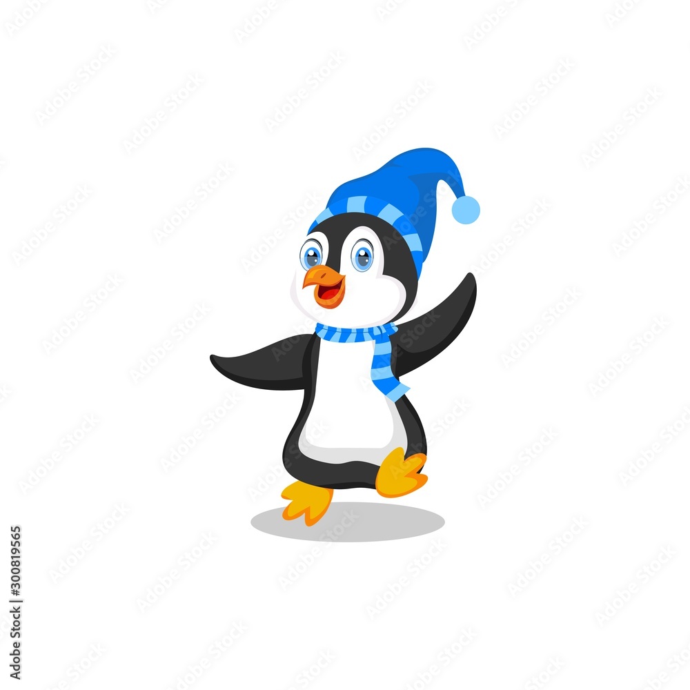 Obraz premium Cartoon Penguin Icon, Cute Cartoon Penguin in warm clothes