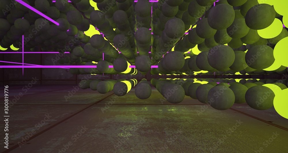 Abstract Smooth Rusted Metal and Concrete Futuristic Sci-Fi interior from an array of spheres With Gradient Colored Glowing Neon. 3D illustration and rendering.