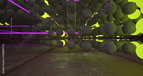 Abstract Smooth Rusted Metal and Concrete Futuristic Sci-Fi interior  from an array of spheres With Gradient Colored Glowing Neon. 3D illustration and rendering.