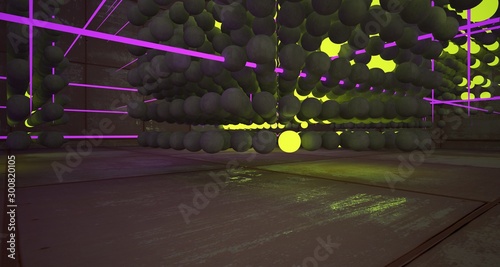 Abstract Smooth Rusted Metal and Concrete Futuristic Sci-Fi interior from an array of spheres With Gradient Colored Glowing Neon. 3D illustration and rendering.