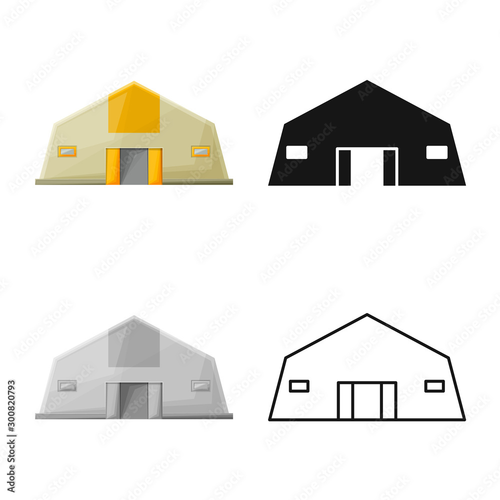 Vector illustration of hangar and storehouse sign. Web element of hangar and garage stock symbol for web. - obrazy, fototapety, plakaty 