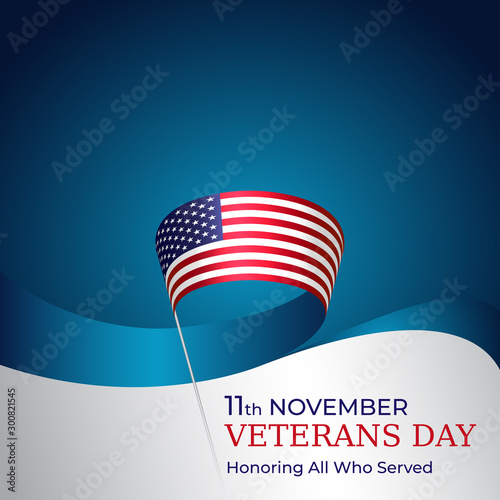 Happy veterans day banner. Waving american flag on blue sky background. US national day november 11. Typography design, poster, vector illustration
