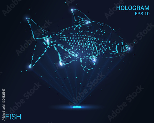 Hologram fish. A holographic projection of the fish. Flickering energy flux of particles. Scientific design animals.