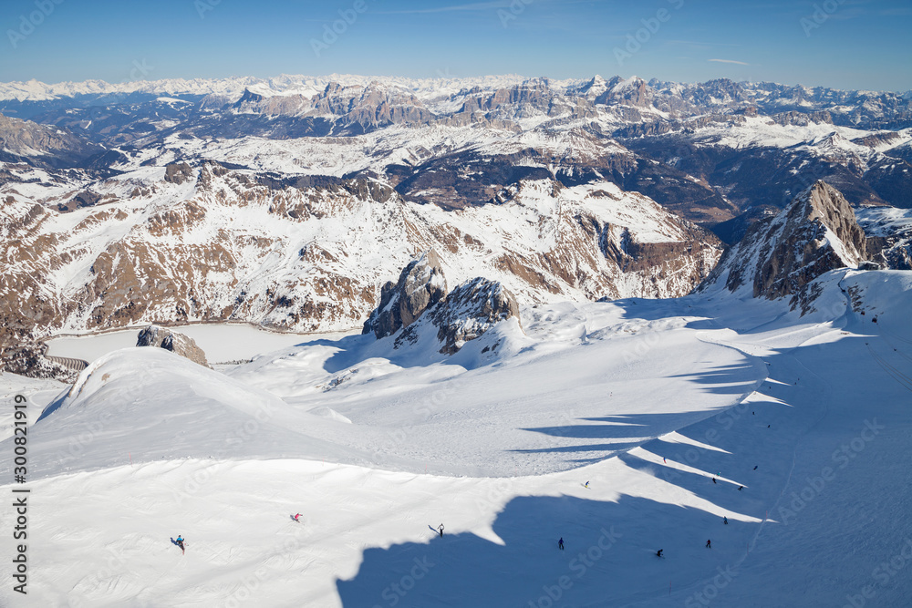 Dolomites, Italy - view from mountain Marmolada, Mountain skiing and snowboarding