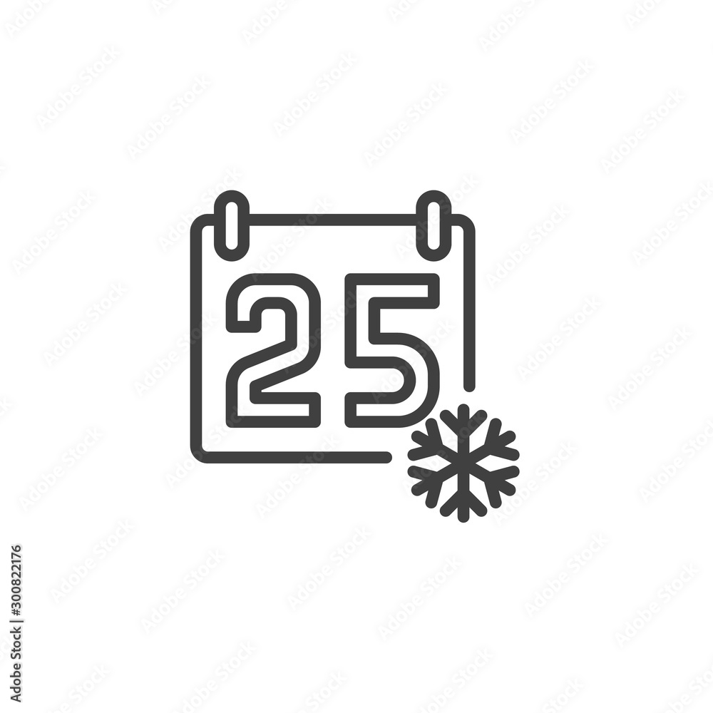 25 December Calendar page line icon. linear style sign for mobile concept and web design. Christmas calendar with snowflake outline vector icon. Symbol, logo illustration. Vector graphics 25 December Calendar page line icon. linear style sign for mobile concept and web design. Christmas calendar with snowflake outline vector icon. Symbol, logo illustration. Vector graphics