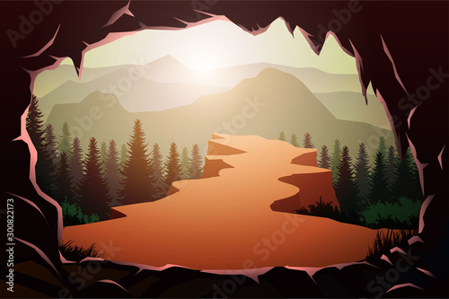 Cave entrance in natural Pine forest mountains horizon Landscape wallpaper Sunrise and sunset Illustration vector style Sunlight colorful view background © Chakkree