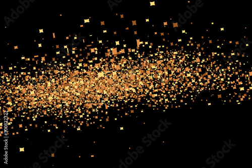 Gold glitter wave isolated on black background. Festive overlay texture for congratulation. Golden confetti explosion, illustration