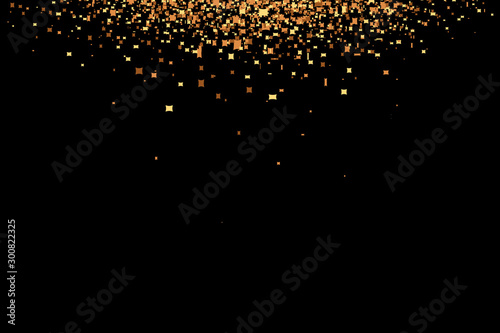 Gold glitter rain isolated on black background. Festive overlay texture for congratulation. Golden confetti explosion, illustration