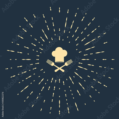 Beige Chef hat and crossed fork icon isolated on dark blue background. Cooking symbol. Restaurant menu. Cooks hat. Abstract circle random dots. Vector Illustration