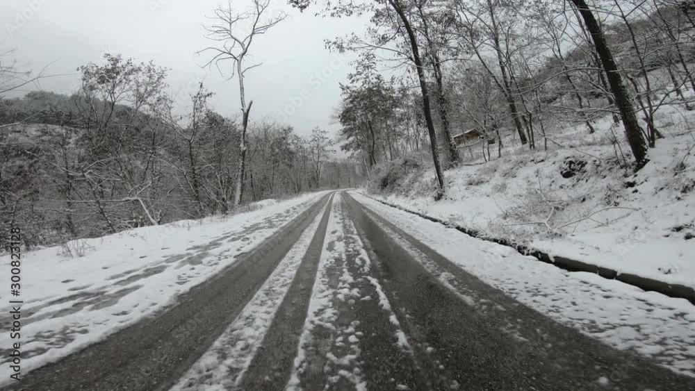 Driving a car on the white and snowy road with a strong wind Driving a car on the white and snowy road with a strong wind