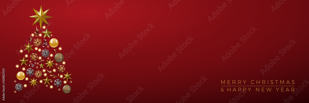 Vector Abstract cover Golden Christmas Tree, with text on red background