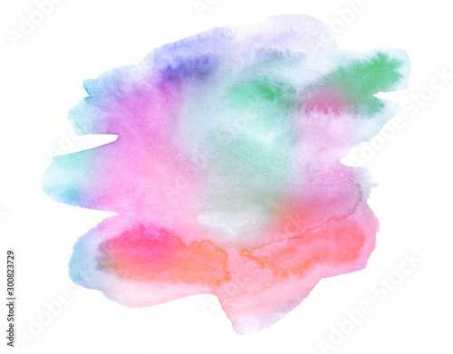 Multicolored watercolor stains in pastel colors with natural stains of paper-based paint. Isolated frame for design. Abstract unique background.