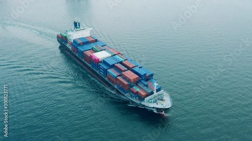 Aerial view of sea freight, Cargo ship, Cargo container in factory harbor at industrial estate for import export around in the world, Trade Port / Shipping - cargo to harbor photo