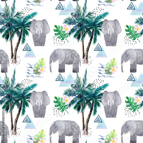 Abstract tropical pattern with elephant, palm trees. Watercolor seamless prin...