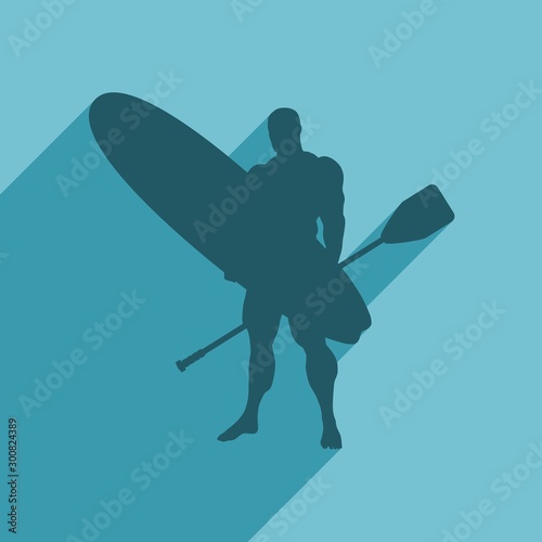 Man posing with surfboard and paddle. Surfing emblem for web design or print. Stand up paddle boarding. Web icon with long shadow