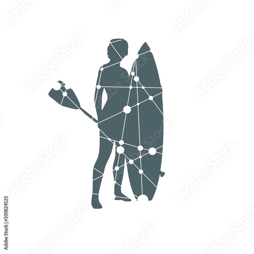 Woman posing with surfboard and paddle. Vintage surfing graphic and emblem for web design or print. Stand up paddle boarding. Silhouette textured by lines and dots pattern