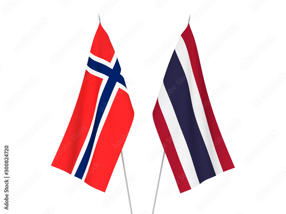 National fabric flags of Norway and Thailand isolated on white background. 3d rendering illustration.