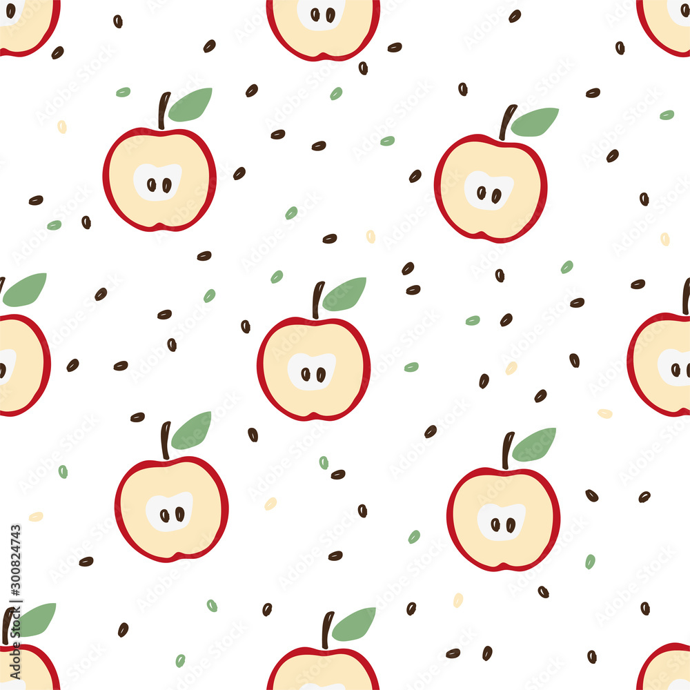 Seamless pattern of halves of a red apple and seeds on a white background. Cute flat pattern for wallpaper, wrapping paper, hobby, harvest festival. Stock vector Seamless pattern of halves of a red apple and seeds on a white background. Cute flat pattern for wallpaper, wrapping paper, hobby, harvest festival. Stock vector
