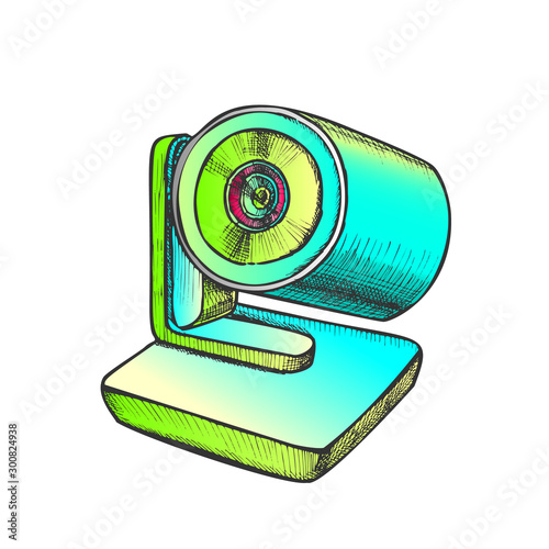 Web Camera Modern Digital Gadget Color Vector. Camera For Internet Video Communication. Technological Accessory Engraving Concept Template Hand Drawn In Vintage Style Illustration