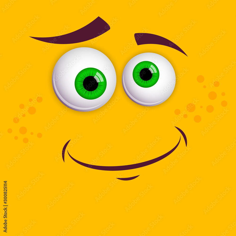 Cartoon faces. Expressive eyes and mouth, smiling, crying and surprised character face expressions. Caricature comic emotions or emoticon. Isolated vector illustration on yellow background