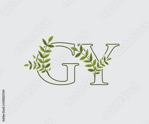 Letter G, Y and GY Green Vintage Floral Logo Icon, overlapping monogram logo. Nature Green Leaves Letter Logo Icon.