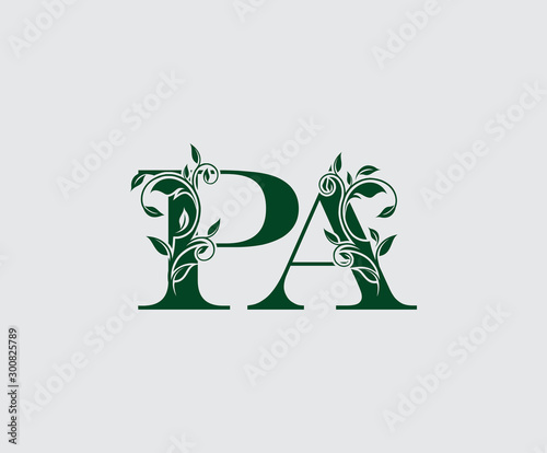 Letter P, A and PA Green Vintage Floral Logo Icon, overlapping monogram logo. Simple Swirl Green Letter Logo Icon.