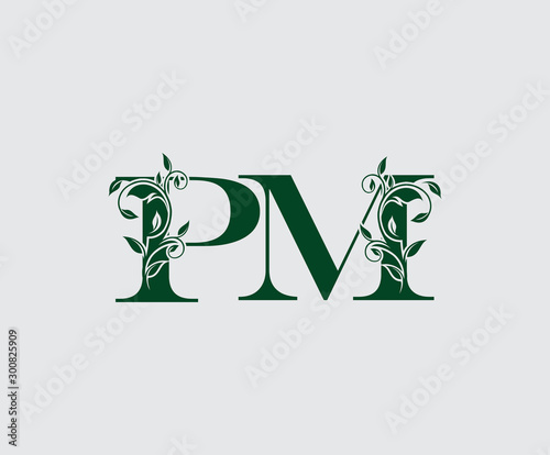 Letter P, M and PM Green Vintage Floral Logo Icon, overlapping monogram logo. Simple Swirl Green Letter Logo Icon.