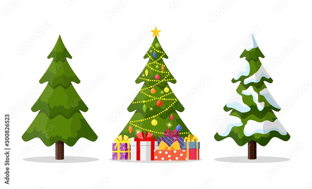 Christmas tree in 3 different situations. Christmas tree and holiday gifts. Fir-tree decorated with a star, balls and garlands. Vector illustration in a flat style