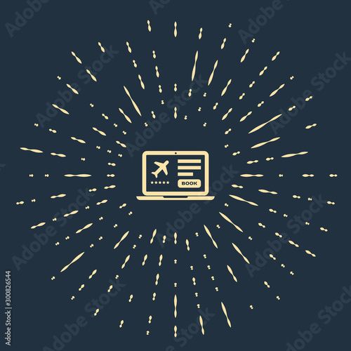 Beige Laptop with electronic boarding pass airline ticket icon isolated on dark blue background. Passenger plane mobile ticket for web and app. Abstract circle random dots. Vector Illustration