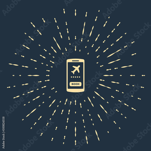 Beige Smartphone with electronic boarding pass airline ticket icon isolated on dark blue background. Passenger plane mobile ticket for web and app. Abstract circle random dots. Vector Illustration