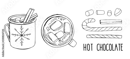 Set of hand drawn vector illustrations isolated on white. Hot chocolate with Christmas candy cane and marshmallow. Modern calligraphy. Clip art for winter holiday decorations. Top and side view
