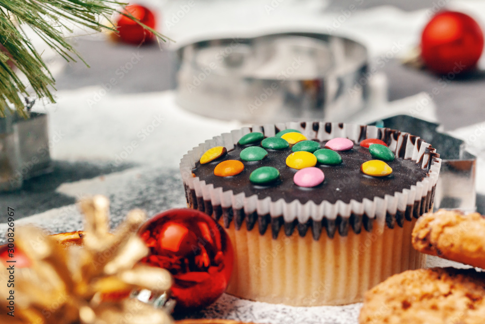 Beautiful composition of Christmas sweets with decorations