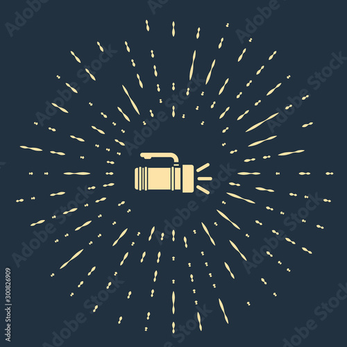 Beige Flashlight icon isolated on dark blue background. Tourist flashlight handle. Abstract circle random dots. Vector Illustration