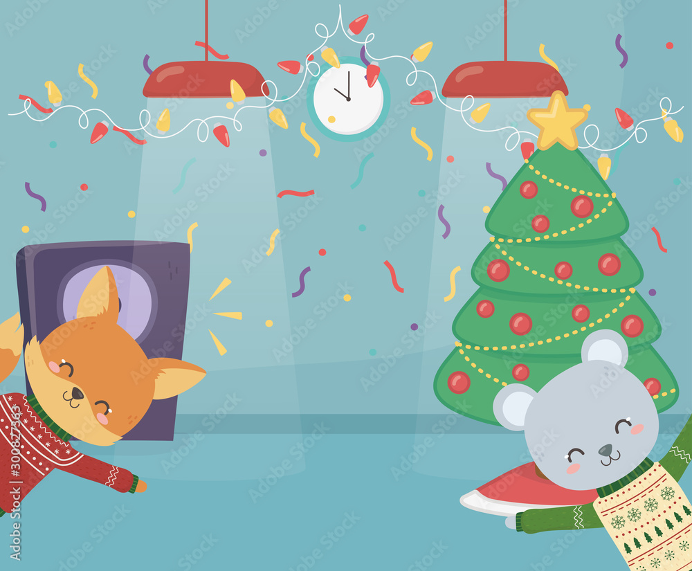 Fototapeta premium merry christmas celebration funny bear and fox with lamps speaker confetti