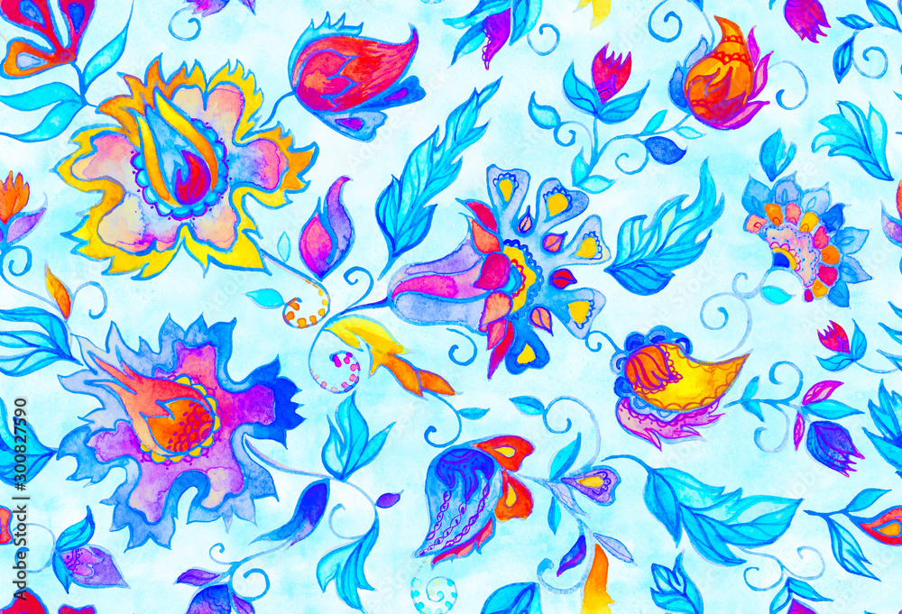 Fototapeta premium Paisley watercolor floral pattern tile: flowers, flores, tulips, leaves. Oriental indian traditional hand painted water color whimsical seamless print, ceramic design. Abstract india batik background