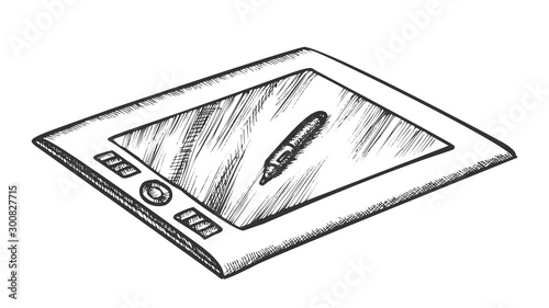 Tablet With Stylus Digital Gadget Retro Vector. Modern Graphic Tablet And Drawing Pen To Retouch Images. Device Engraving Concept Template Hand Drawn In Vintage Style Black And White Illustration