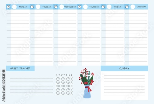 Weekly planner with habit tracker vector template. Empty personal organizer page, Blank timetable. Traditional Christmas symbolic tree leaves, berries, bouquet  illustration with text space.