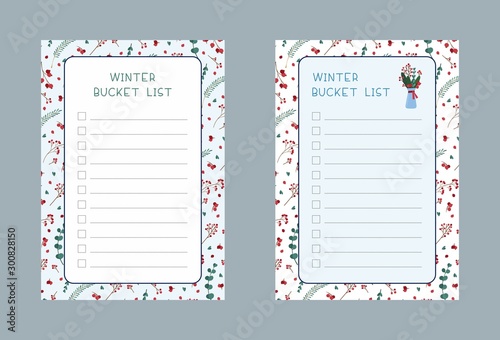 Winter bucket lists flat vector templates set. Weekly and daily .planner pages designs pack. Diary, notepad checklist layout..Traditional Christmas symbolic tree leaves, berries, bouquet  illustration