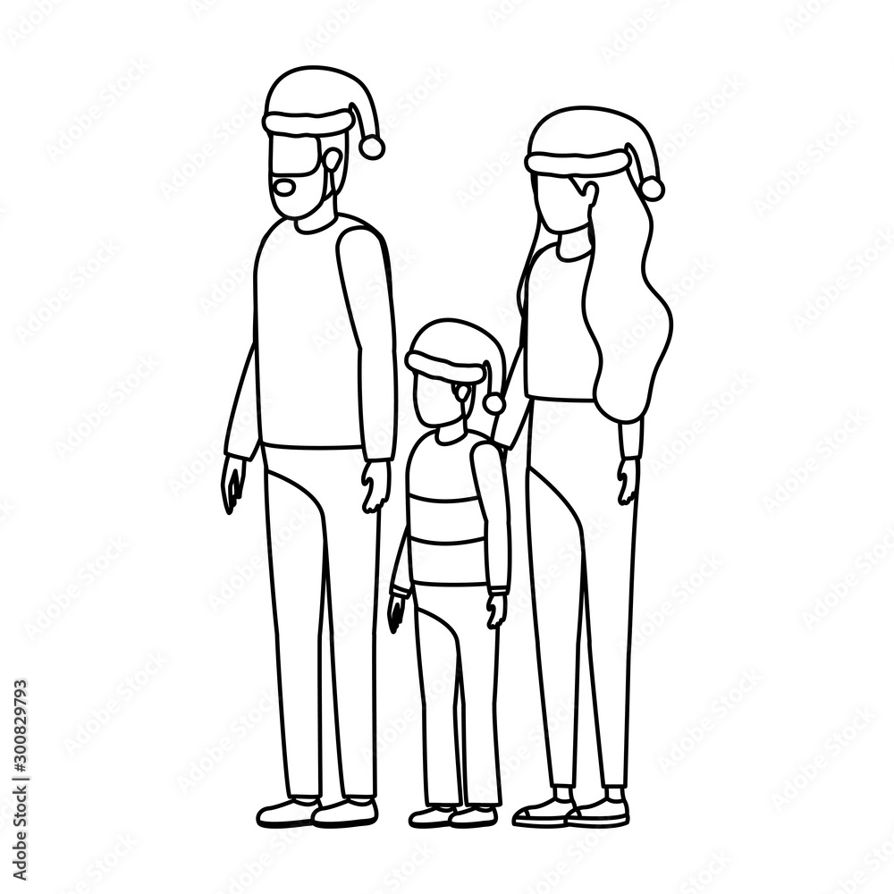 parents couple and son with christmas hats characters parents couple and son with christmas hats characters