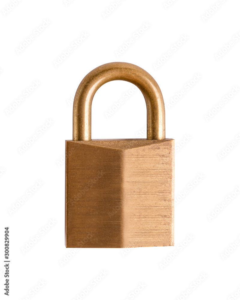 Metal door lock close-up. Golden lock isolate on a white background. Metal door lock close-up. Golden lock isolate on a white background.