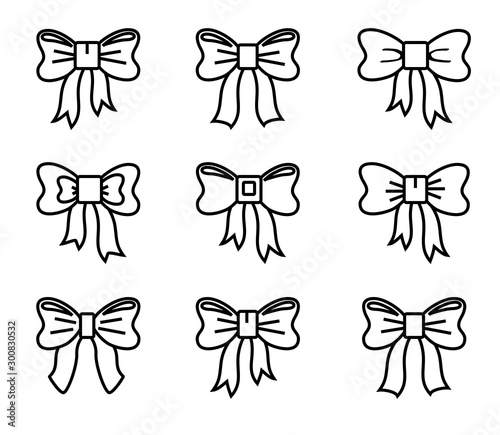 Collection of various bows on a white background. Silhouette. Vector illustration.