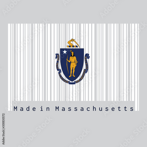Barcode set the color of Massachusetts flag, the states of America. the state coat of arms centered on a white field. text: Made in Massachusetts.