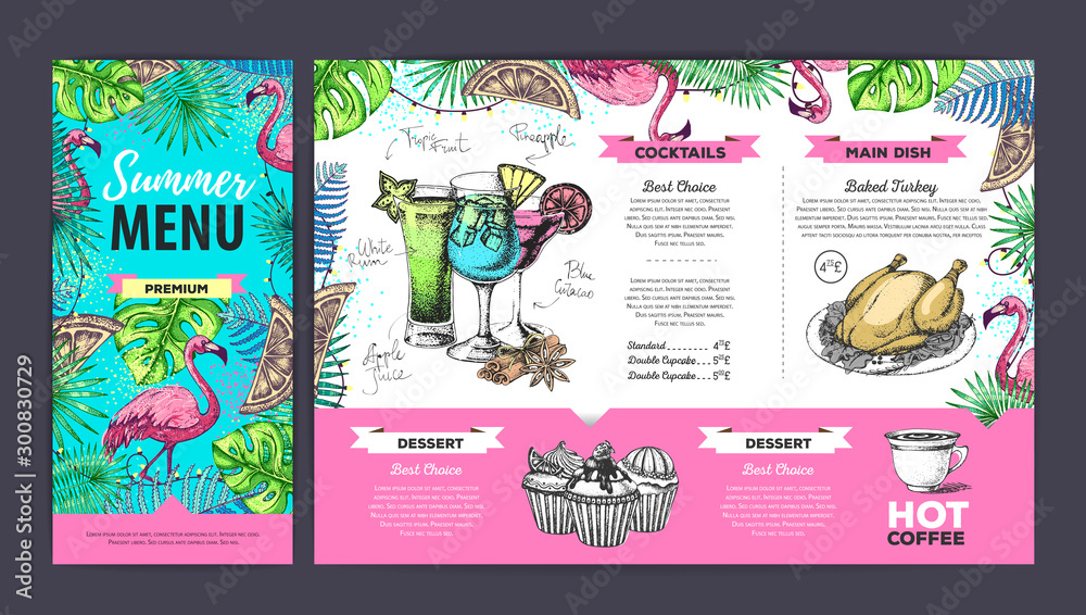 Hand drawing summer menu design with flamingo and tropic leaves. Restaurant menu