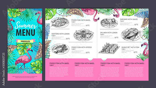 Hand drawing summer menu design with flamingo and tropic leaves. Restaurant menu