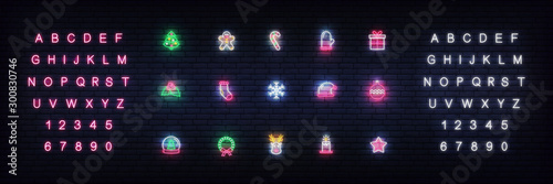 Christmas icons neon. Set of glowing neon icons design for Xmas and New Year
