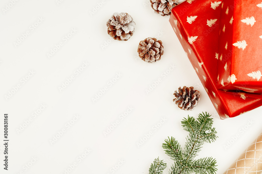 Top view, flat lay of red Christmas gifts on white background Top view, flat lay of red Christmas gifts on white background