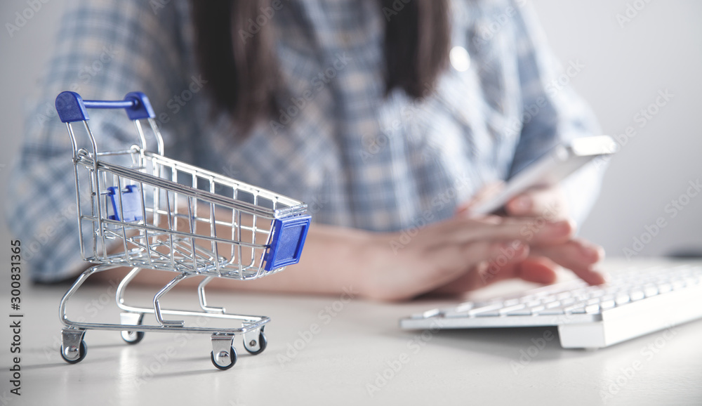 Girl using computer keyboard. Online shopping concept